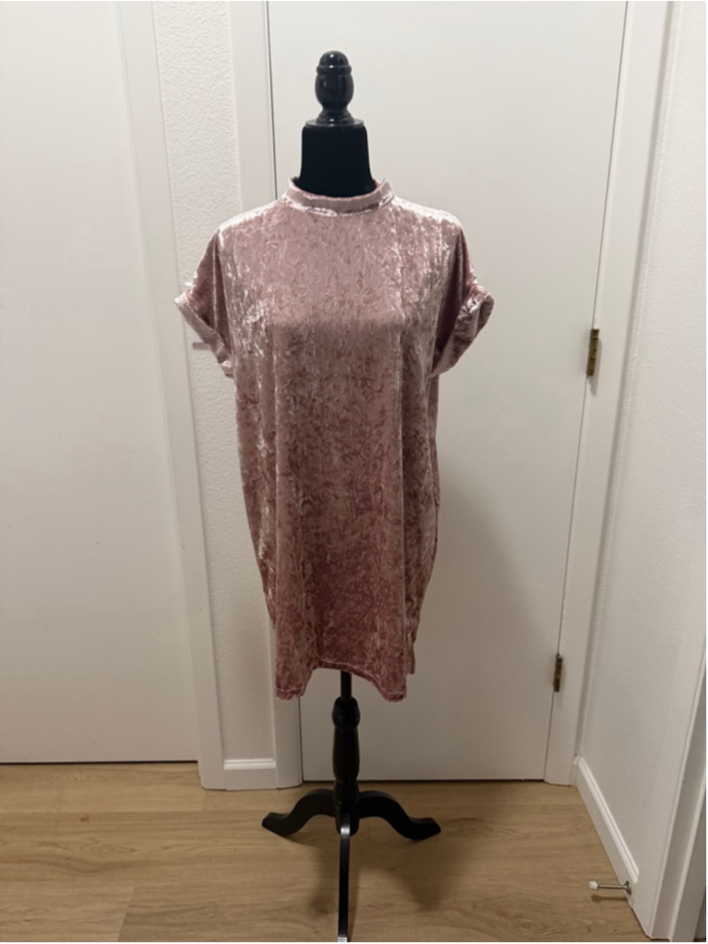 Cotton Emporium Pink Crushed Velvet Dress Size S Boho Shift Tunic Short Sleeve S